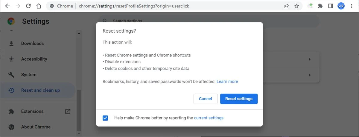 Google Chrome را به تنظیمات پیش فرض بازنشانی کنید.