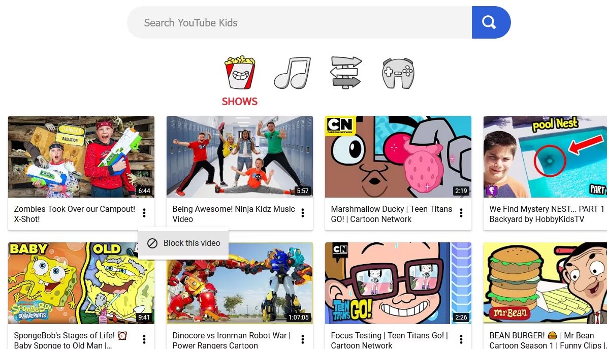 بلاک کردن یک ویدیو در YouTube Kids هنگامی که در صفحه اصلی یا در کانال هستید