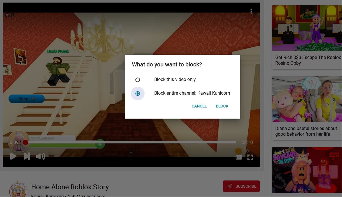 بلاک کردن یک کانال هنگام تماشای یک ویدیو
