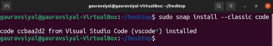 نصب بسته VS Code Snap از طریق ترمینال اوبونتو
